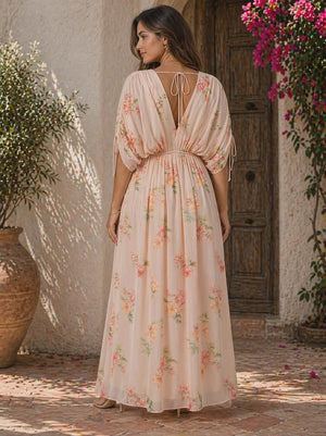 042326 Pink Floral Print V Neck Maxi Dress