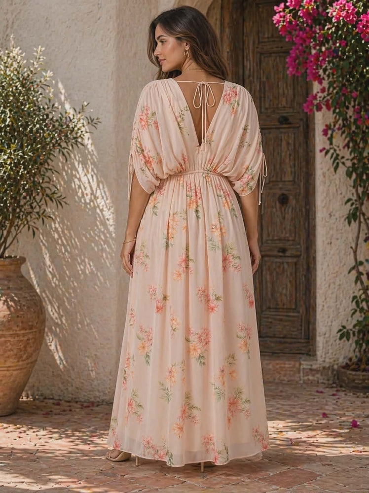 042326 Pink Floral Print V Neck Maxi Dress