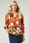 040925 Spring Peach Florals Ruffle V Neck Long Sleeve  Blouse
