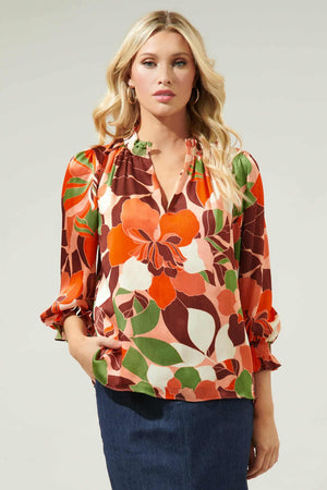 040925 Spring Peach Florals Ruffle V Neck Long Sleeve  Blouse