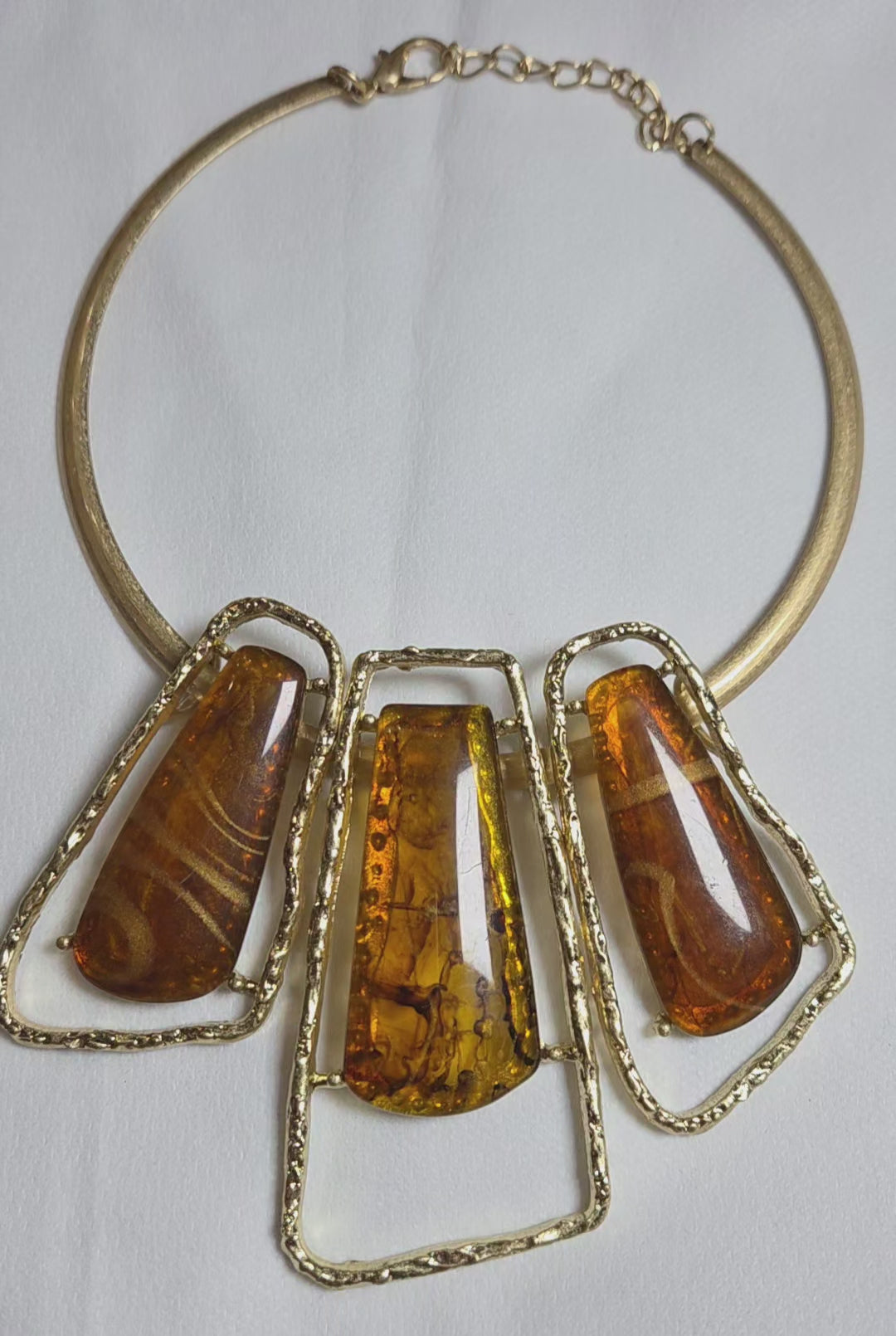 Gold Brown Abstract Stone Pillar Statement Necklace