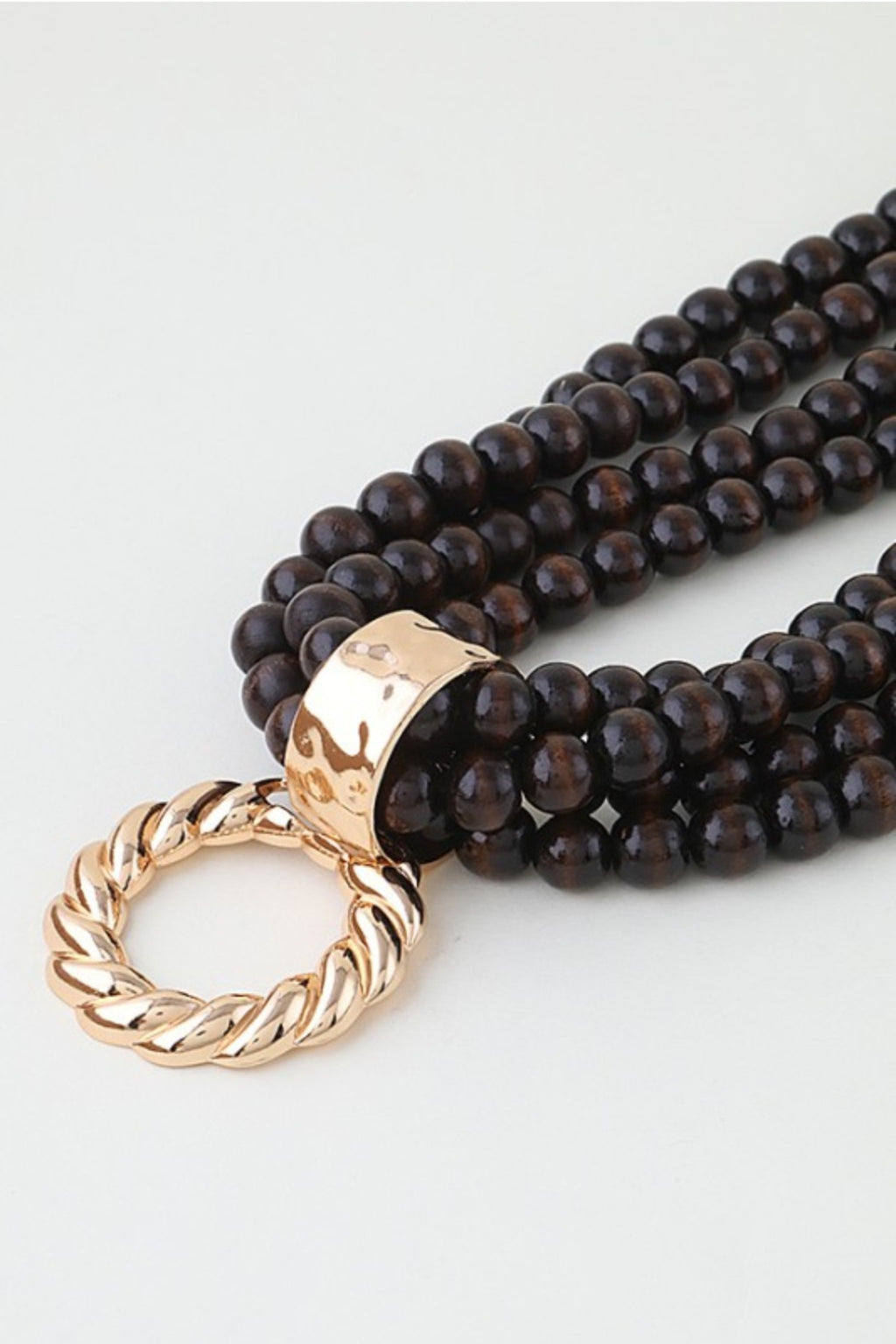 Multi-Strand Wooden Bead Gold Twist Loop Pendant Necklace