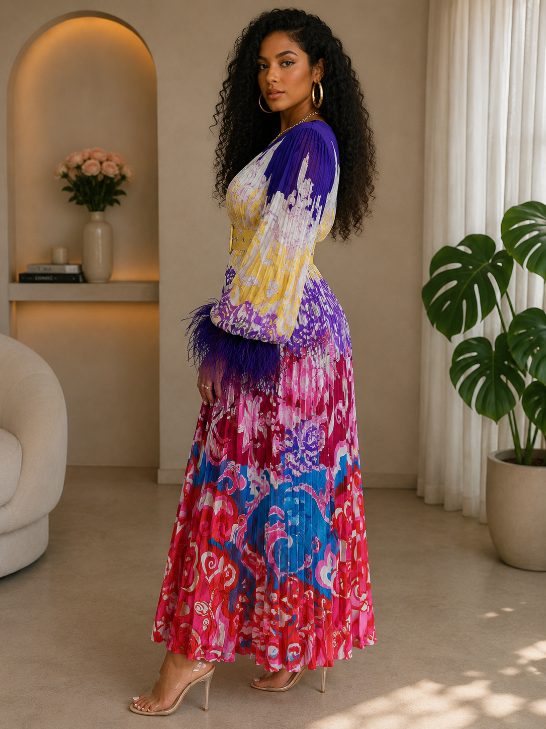 010925 Purple Print Feathers Long Sleeve Maxi Dress
