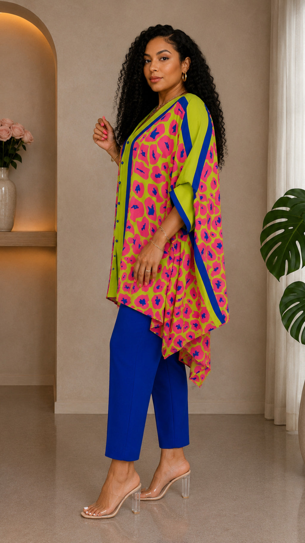 081823 The Yellow/Pink Famous Chic African Print Inspired Duster & Pant Set
