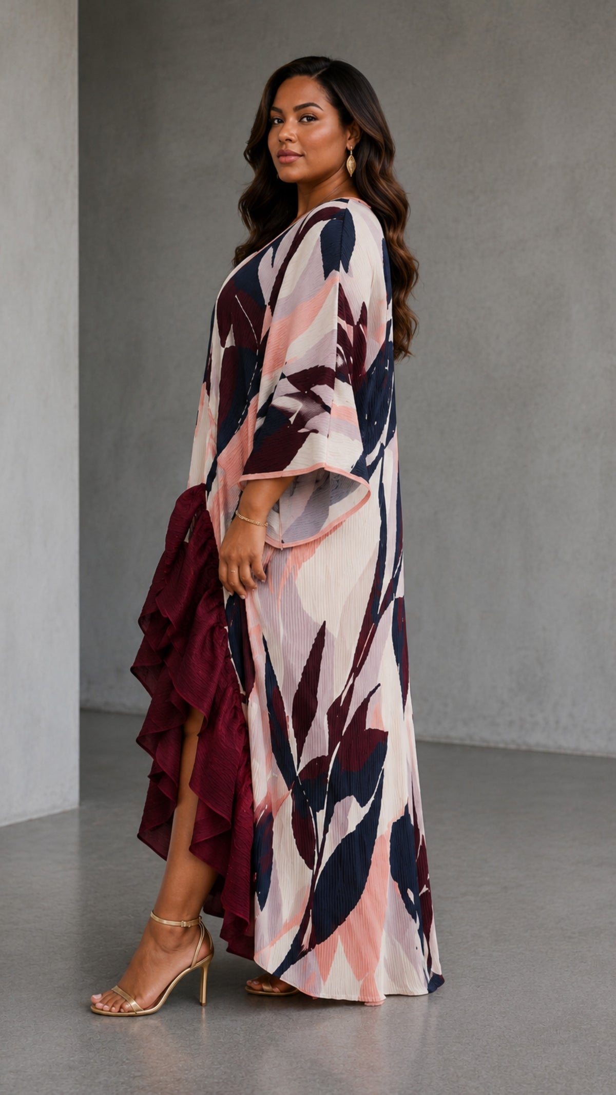 Burgundy Abstract Pleated Ruffle Maxi Dress/Top