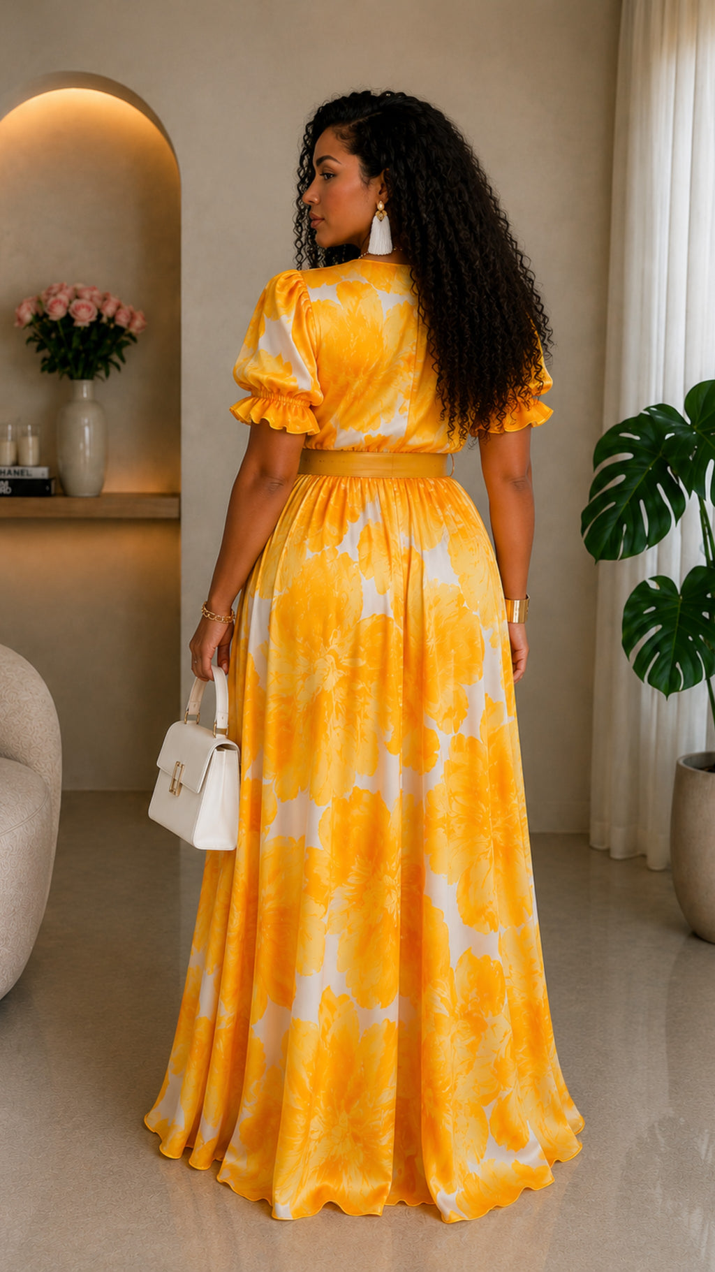 061723 Yellow Floral Puff Sleeve Maxi Dress