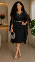 010825 Black Dress Sheer Cape Sleeves with Rhinestones