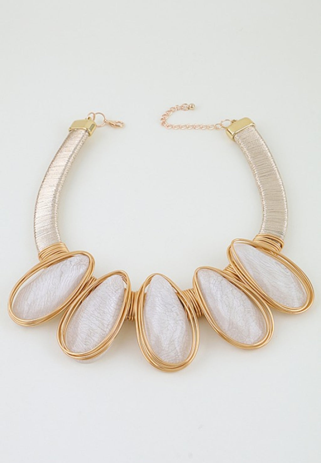 Gold White Stone Teardrop Wire Necklace