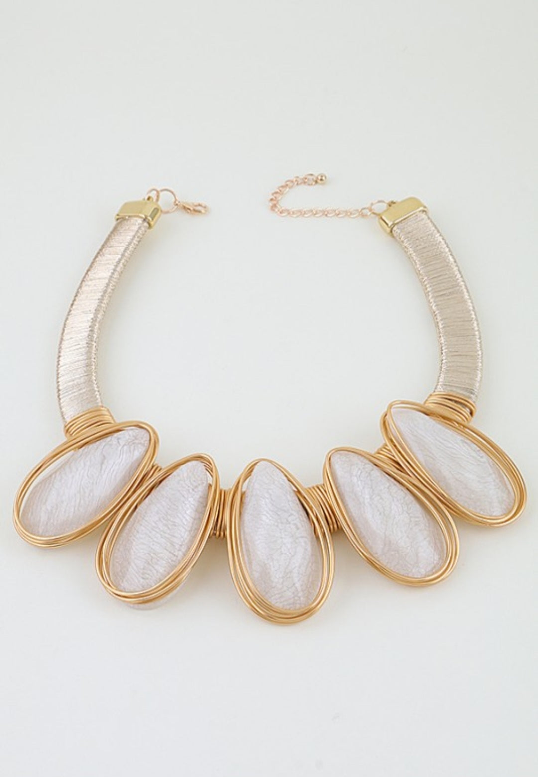 Gold White Stone Teardrop Wire Necklace