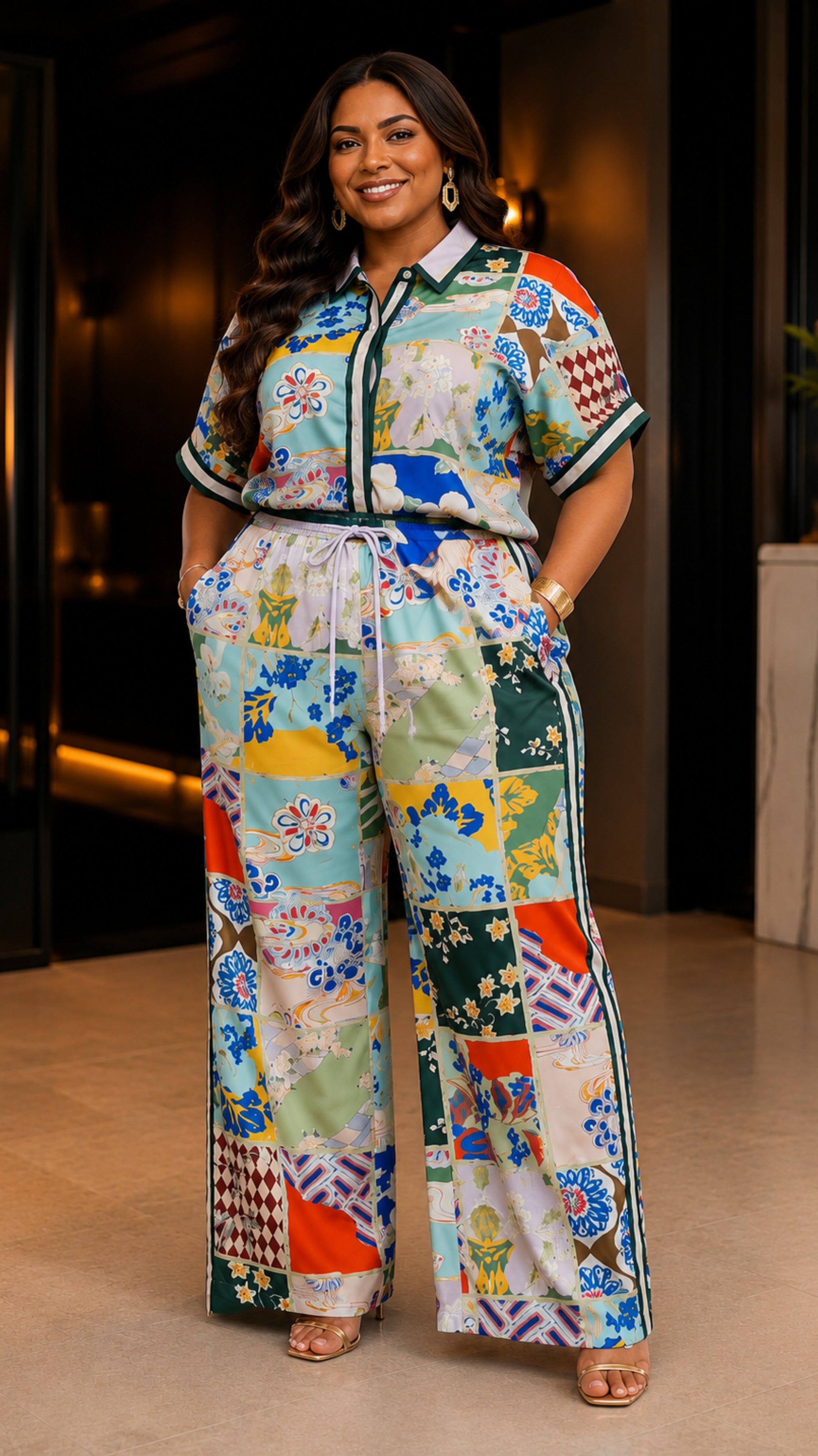The Green European Patchwork Print Wide Leg Pant Set