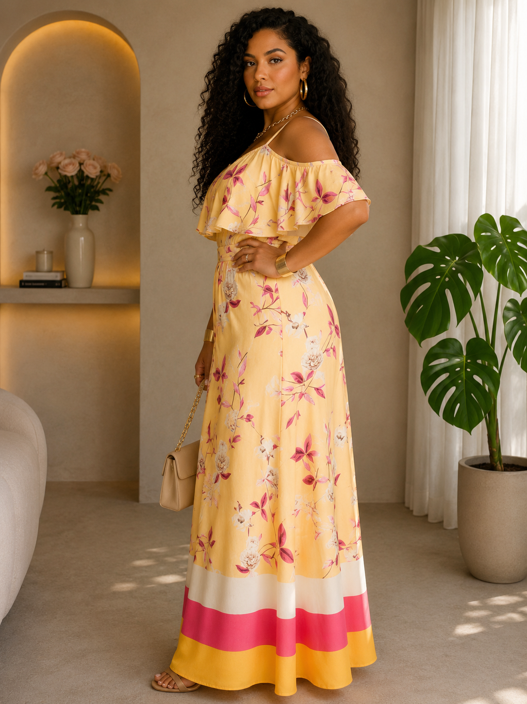 050125 The Yellow & Pink  Florals Print Maxi Skirt with Crop Top