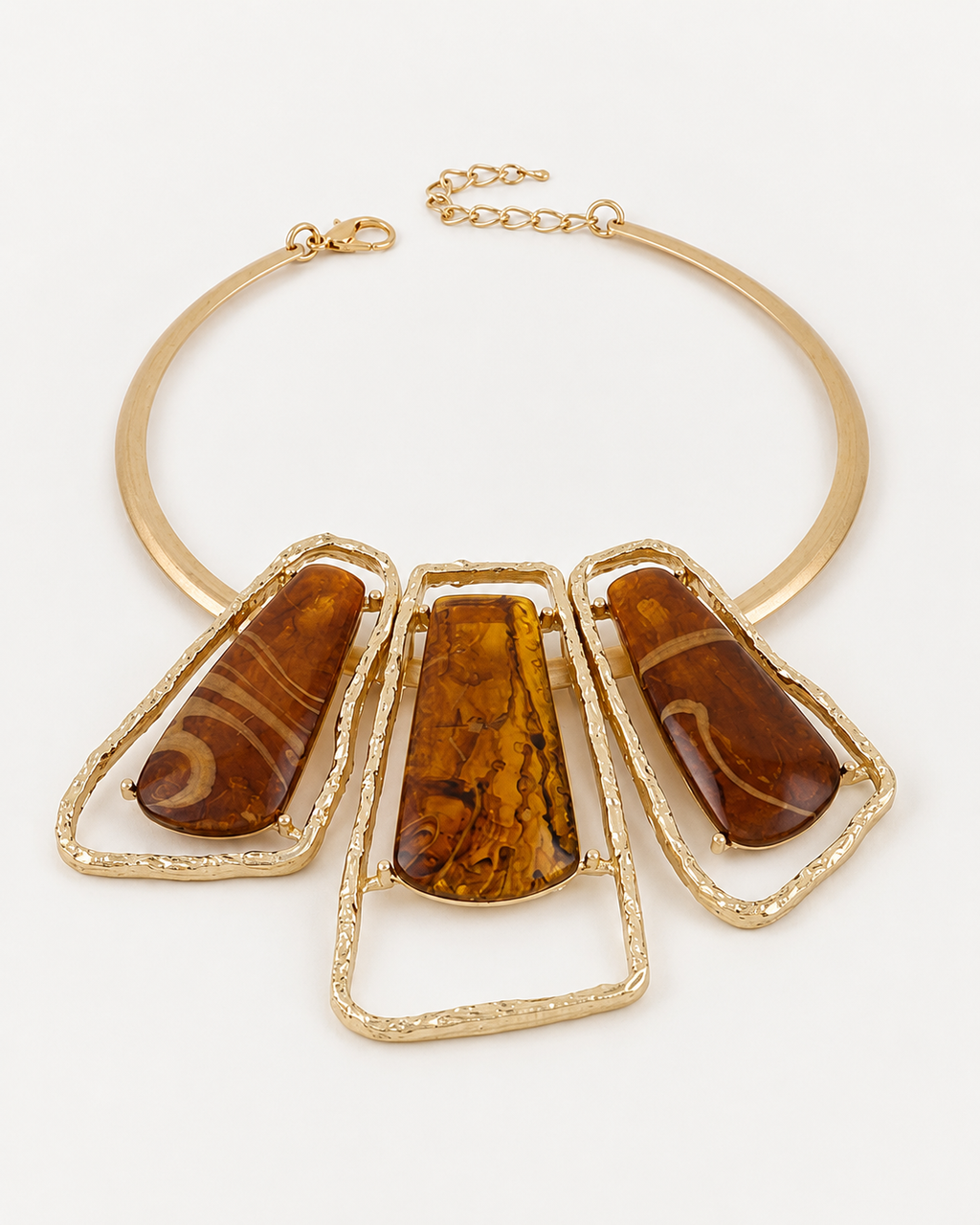 Gold Brown Abstract Stone Pillar Statement Necklace