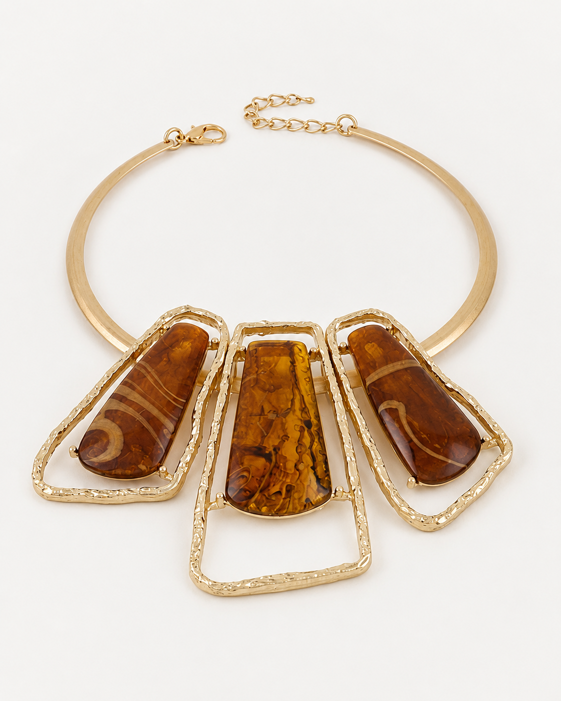 Gold Brown Abstract Stone Pillar Statement Necklace