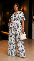 052526 The White & Black Floral Pants Set with Belt- Preorder