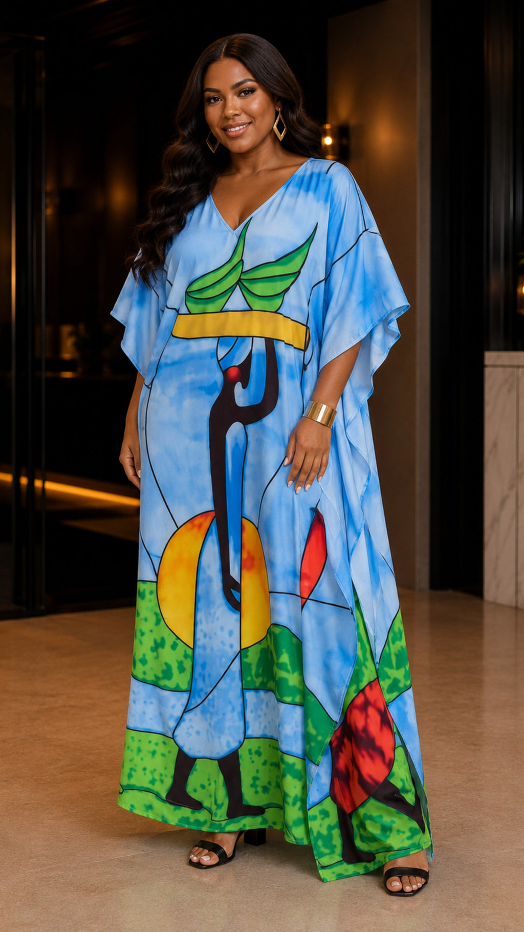 Green/ Blue Tribal Printed Kaftan Dress Lounge Wear One Size fit All S to 3XL