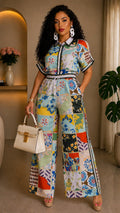 The Green European Patchwork Print Wide Leg Pant Set