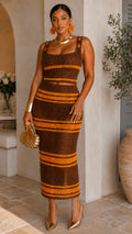 070325 Brown & Mustard Color Block Crochet Striped Tank Top Skirt Set