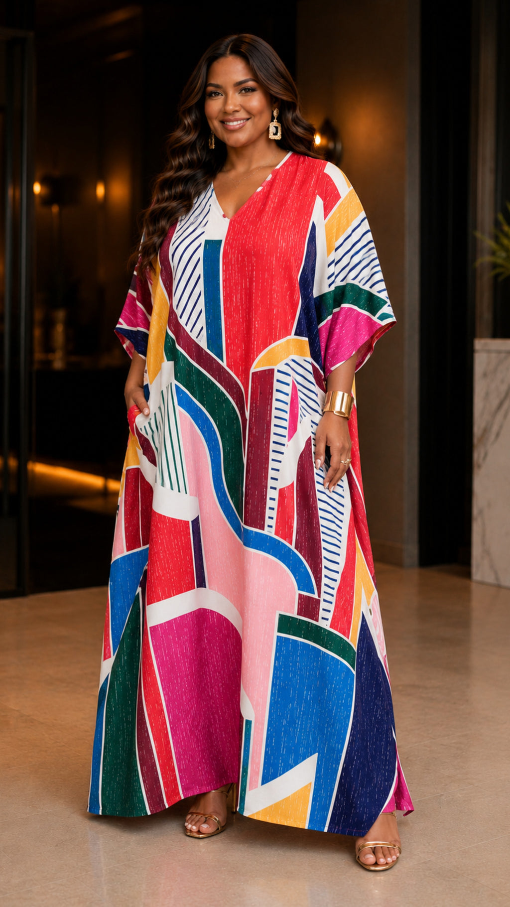 Abstract Print Multicolor Kaftan Dress Lounge Wear One Size fit All S to 3XL