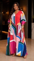Abstract Print Multicolor Kaftan Dress Lounge Wear One Size fit All S to 3XL