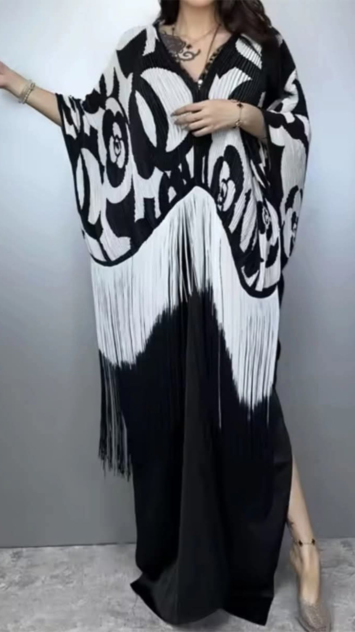 The Monochrome Rose Fringe Maxi Dress One Size Fit All Small to 2XL