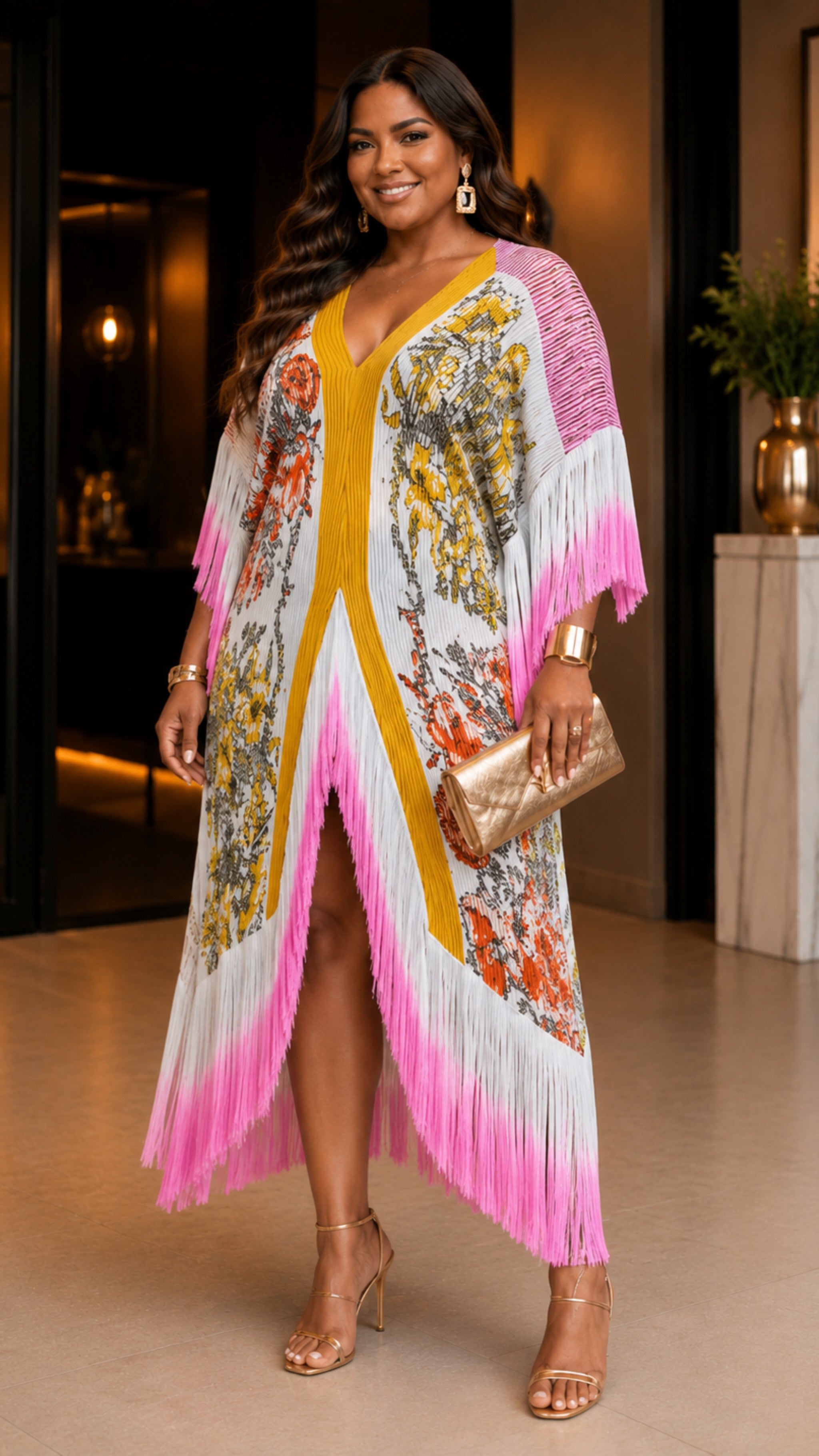Sunset Bloom Fringe Kaftant Dress One Size Fit All