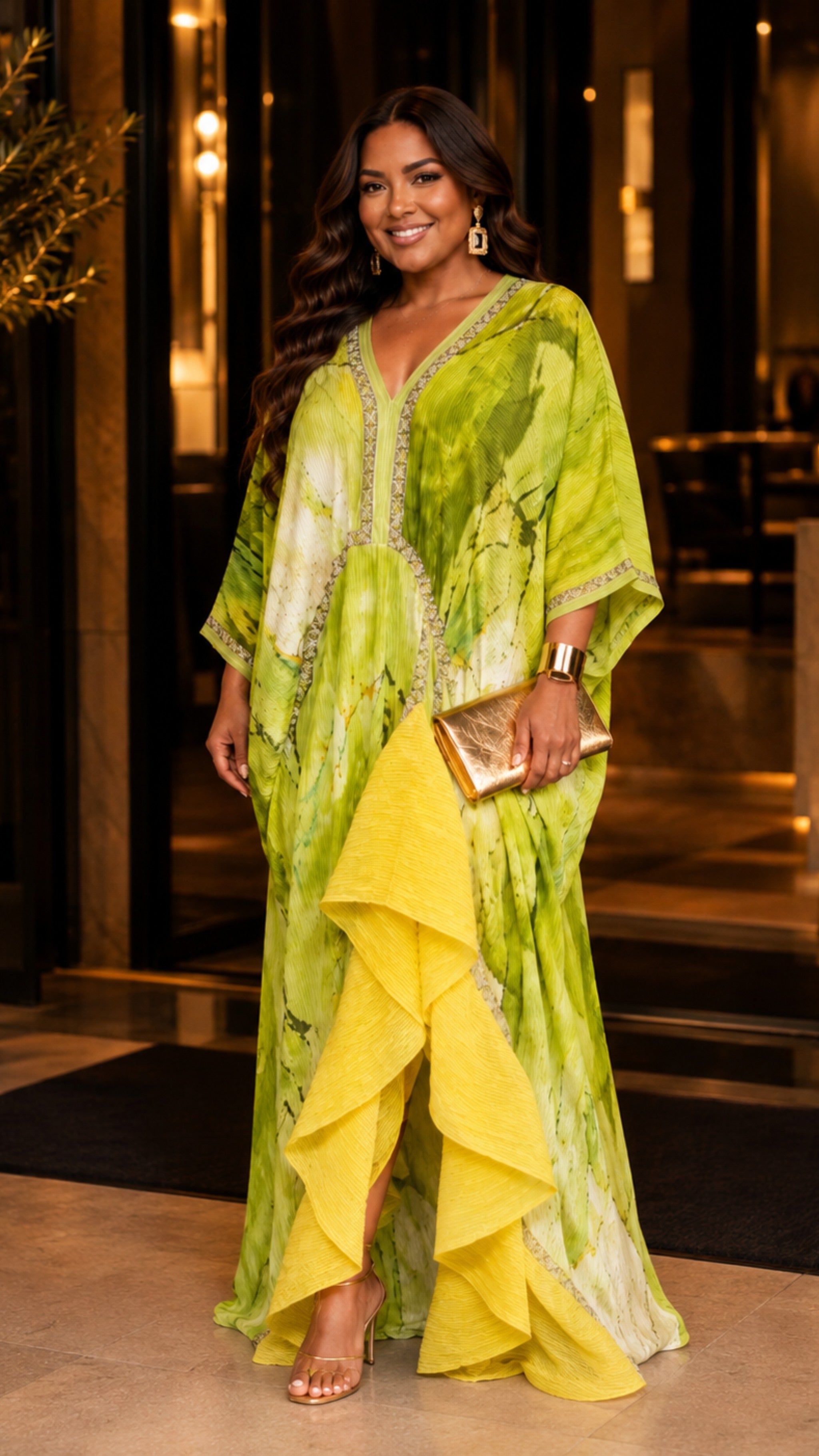 Lime Abstract Pleated Cascade-Ruffle Maxi Dress/Top