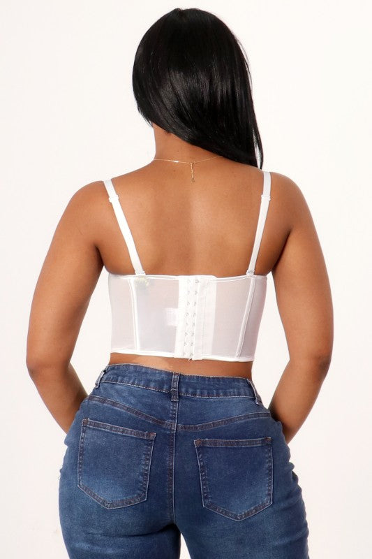 092425 White Spaghetti Strap Lace Rhinestone Bustier Corset Top