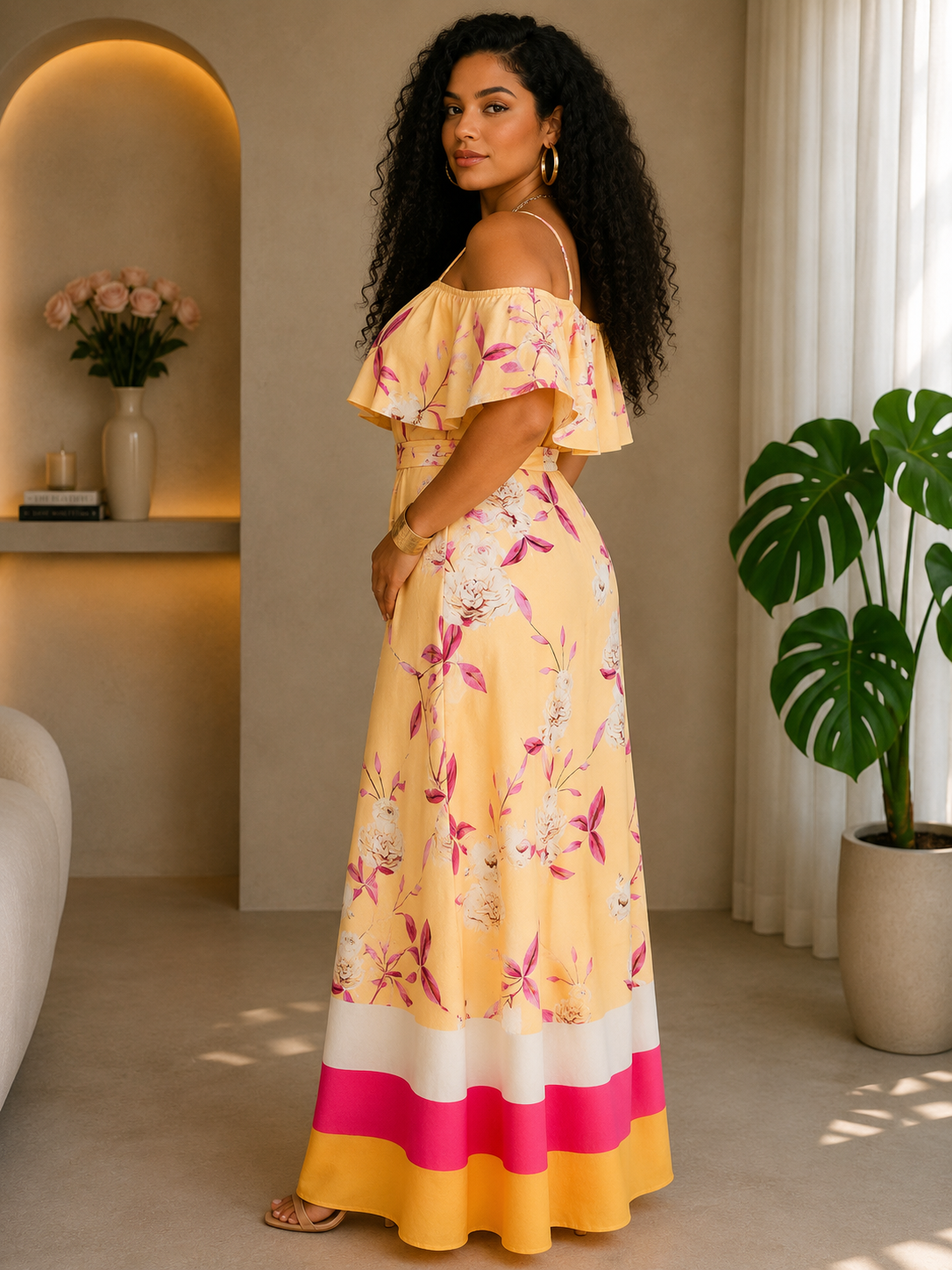 050125 The Yellow & Pink  Florals Print Maxi Skirt with Crop Top