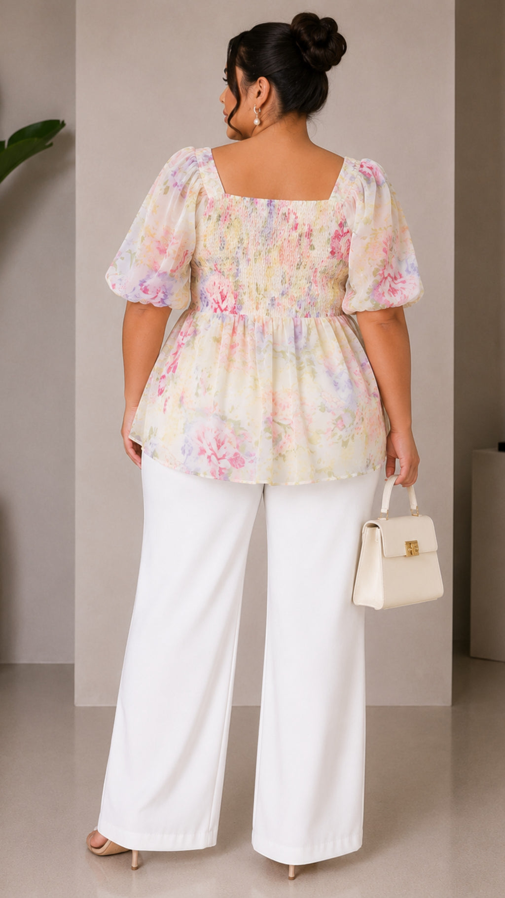 040825 Ivory Square Neck Smock Florals Peplum Short Sleeve Blouse