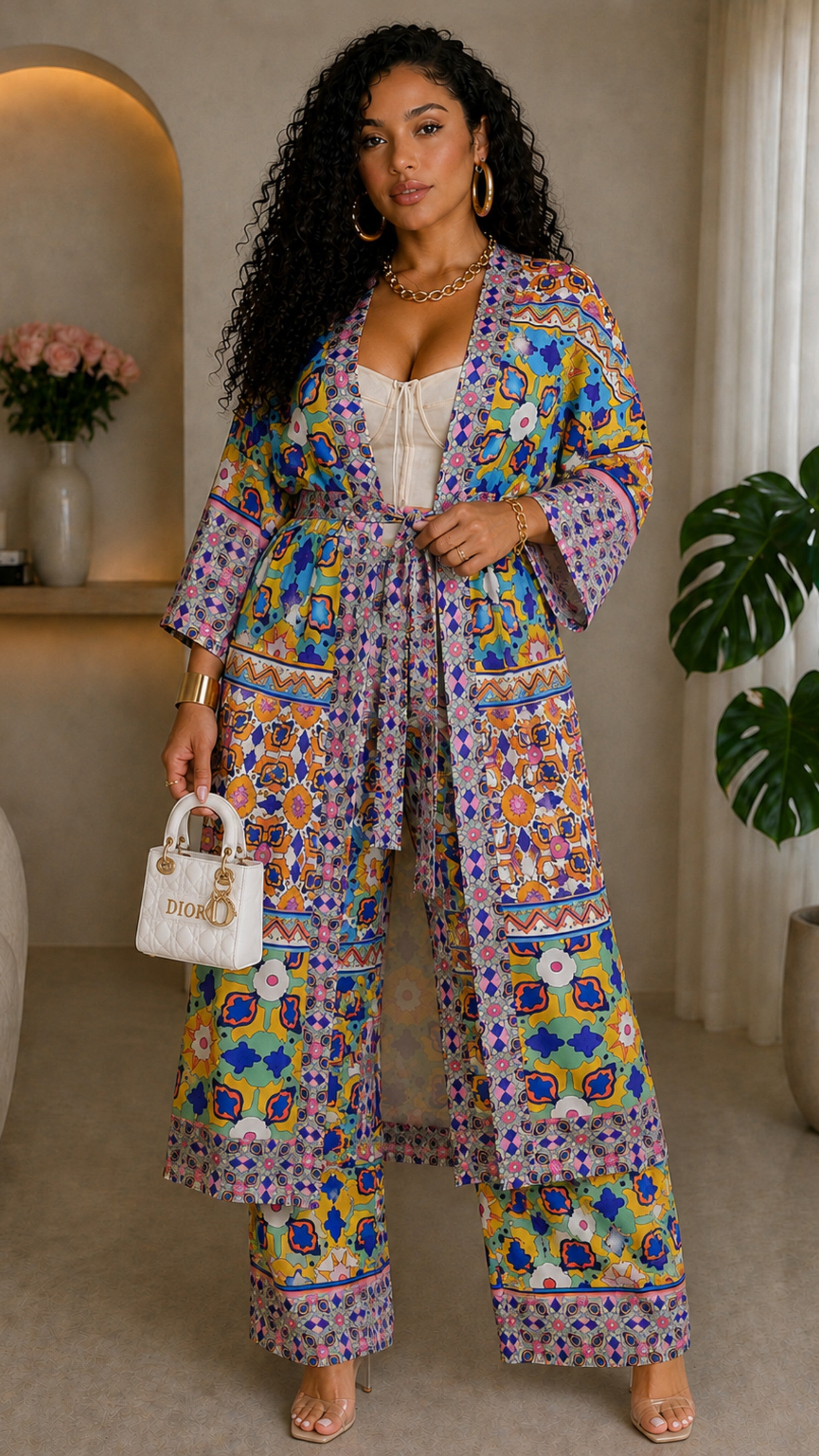 010925 Multi Print Kimono Long Sleeve and Pant