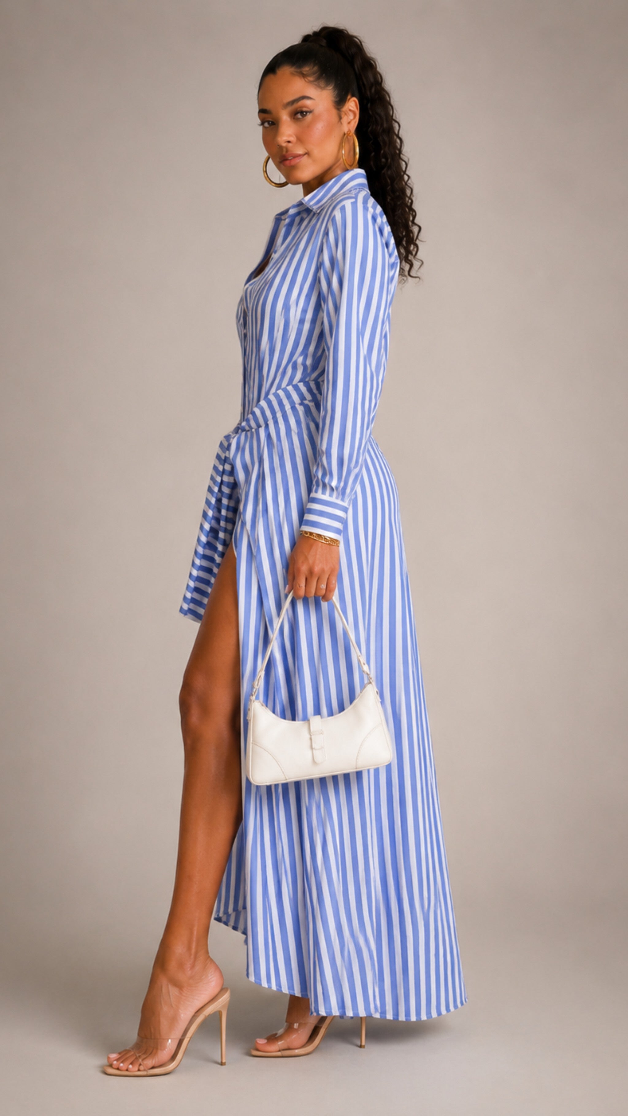 Riviera Striped Woven Shirt Tie Waist Maxi Dress