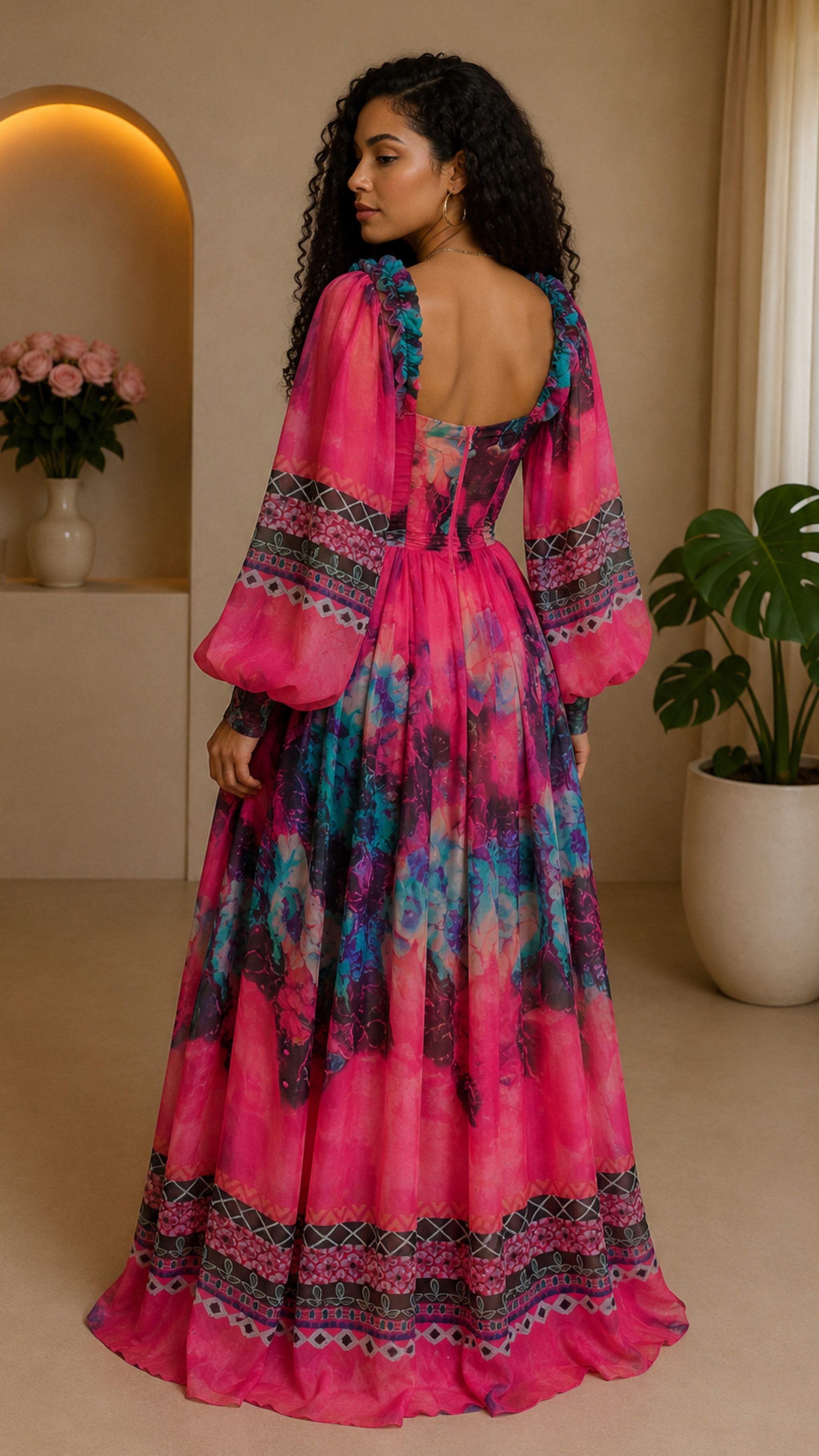 03272022 Pink Floral Print Ballon Long Sleeve Maxi Dress