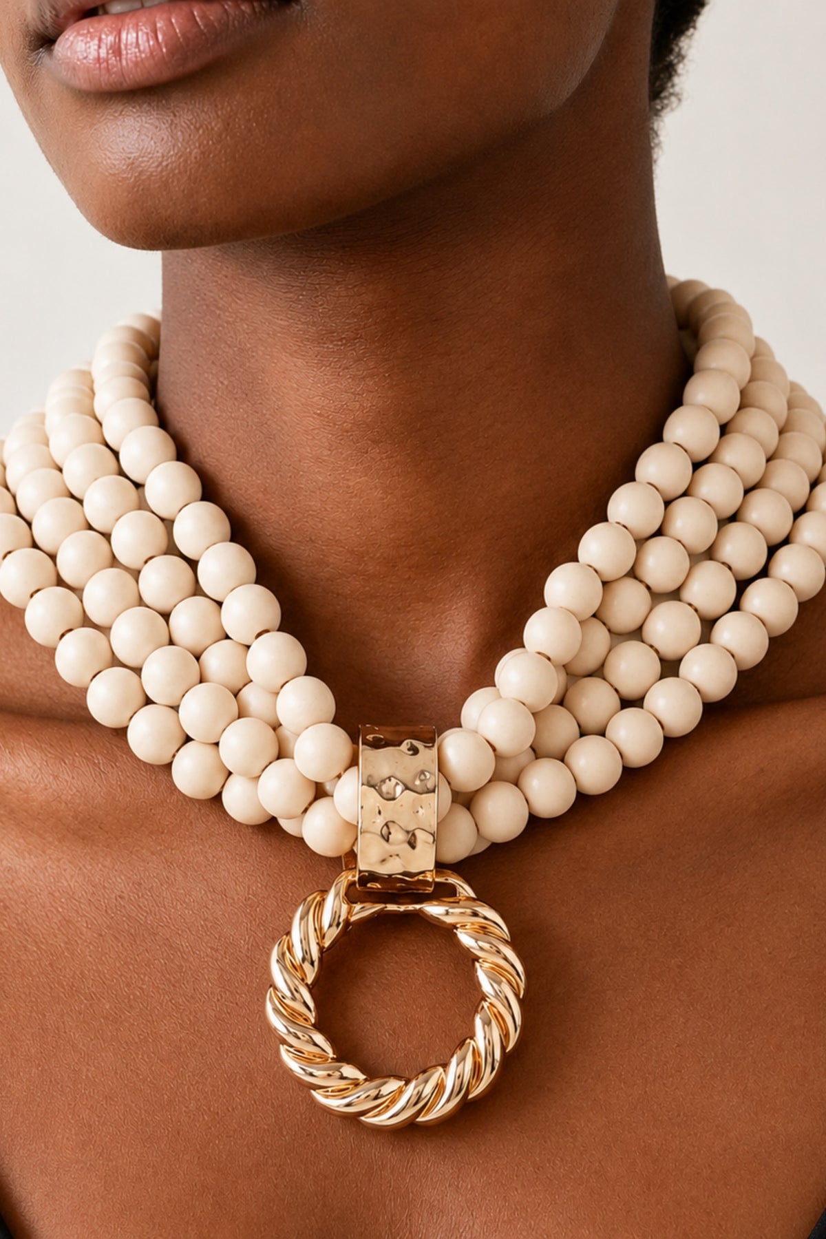 Multi-Strand Wooden Bead Gold Twist Loop Pendant Necklace