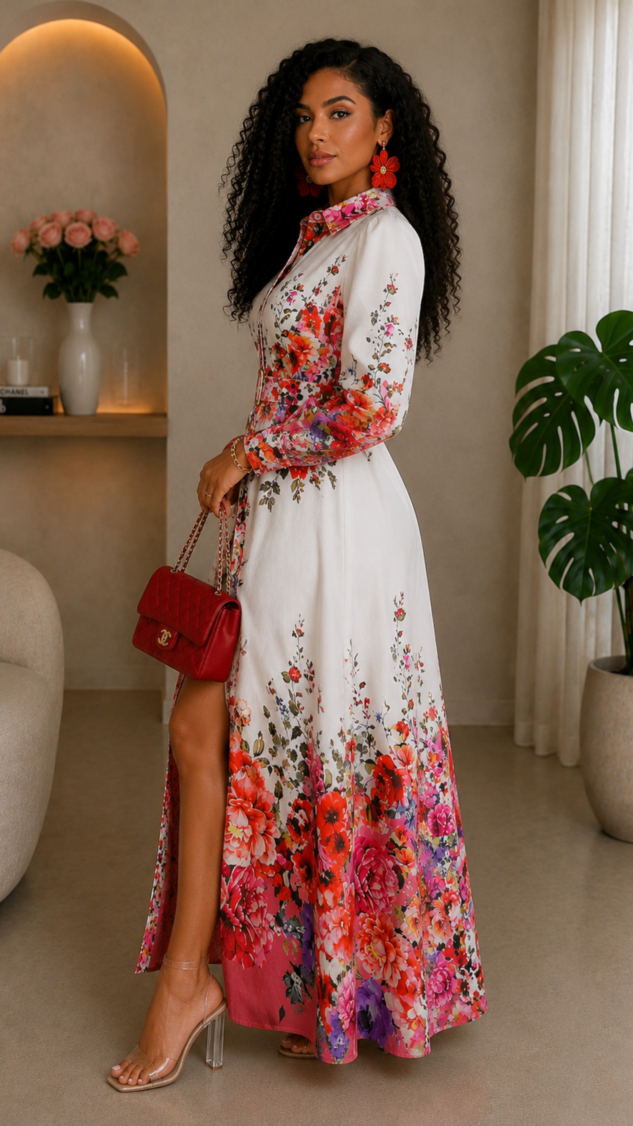 100623 Mauve Florals Garden Border Long Sleeves Button Down Maxi Dress