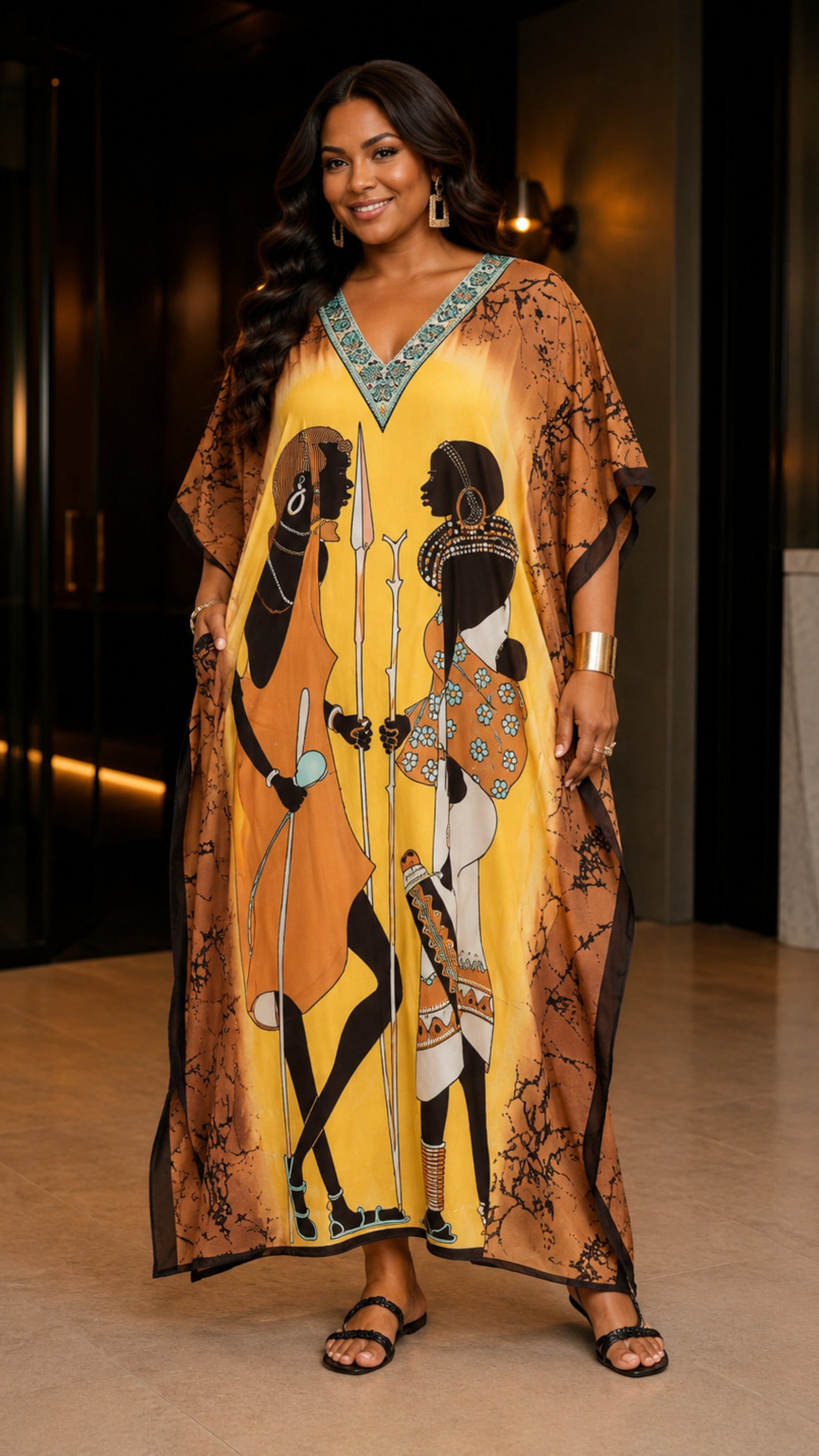 The Yellow & Brown Tribal Printed Kaftan Dress Lounge Wear One Size fit All S to 3XL