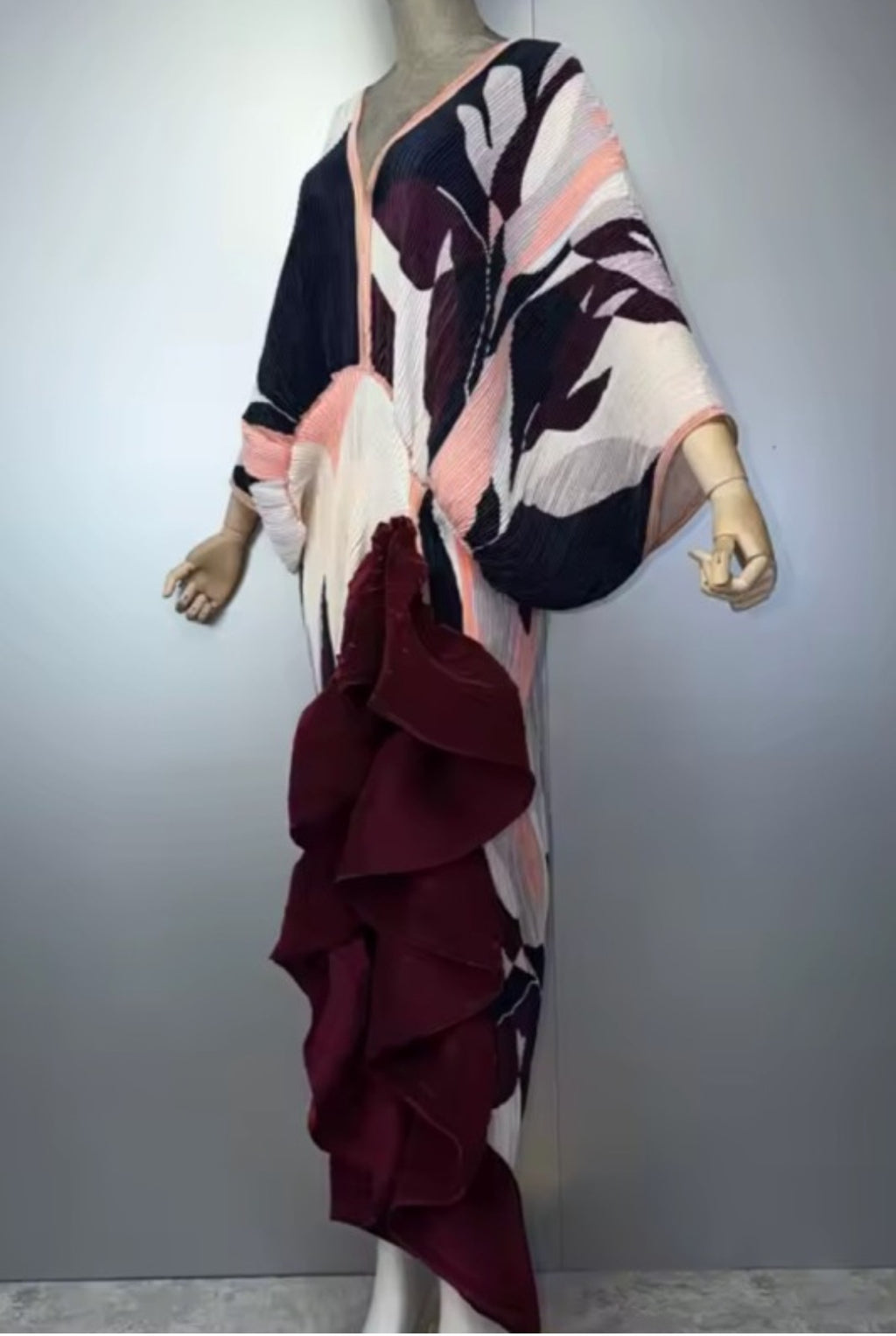 Burgundy Abstract Pleated Ruffle Maxi Dress/Top