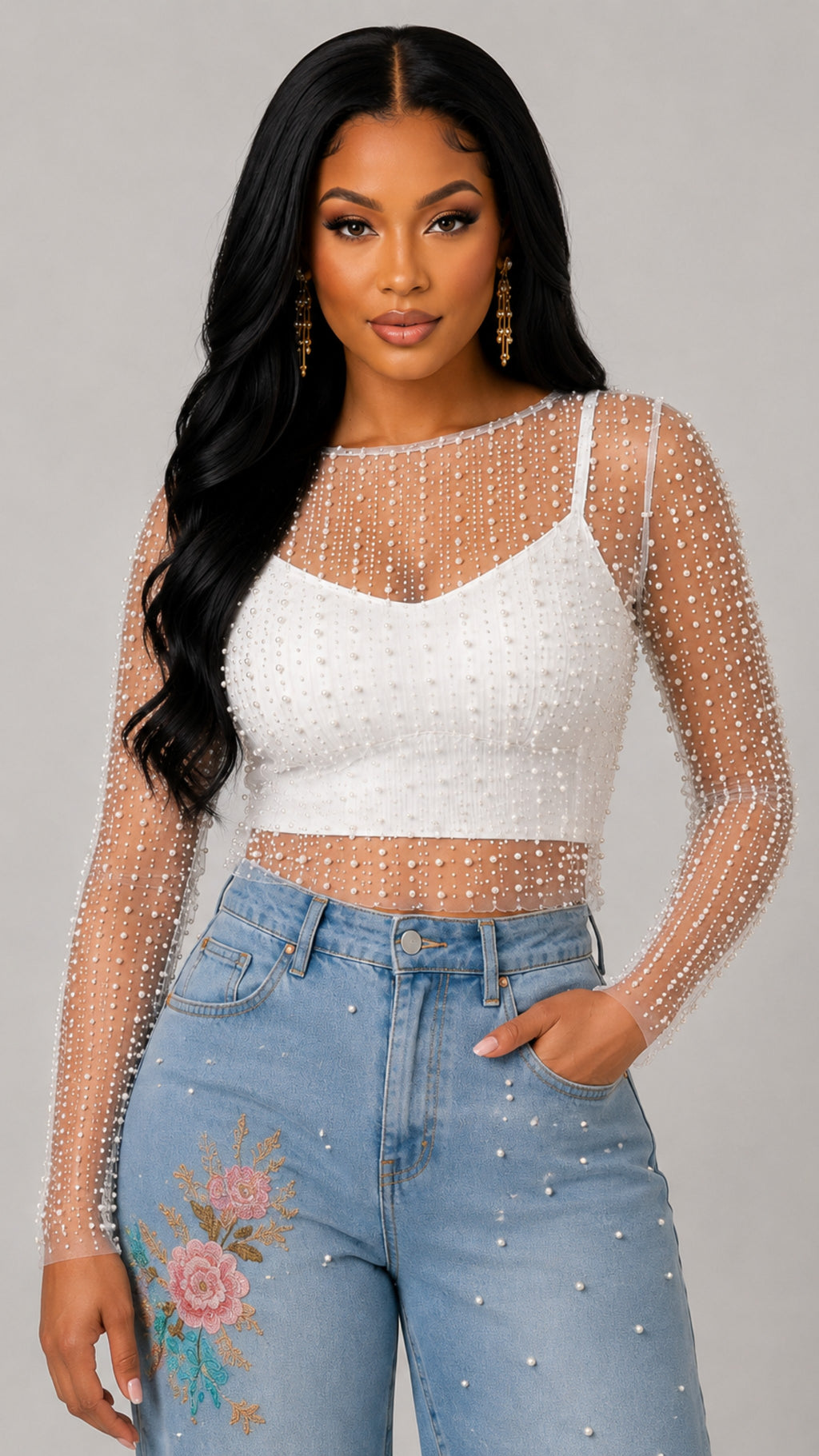 092425 Pearl Rhinestones Sheer Mesh Long Sleeve Top- White