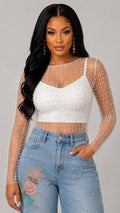 092425 Pearl Rhinestones Sheer Mesh Long Sleeve Top- White