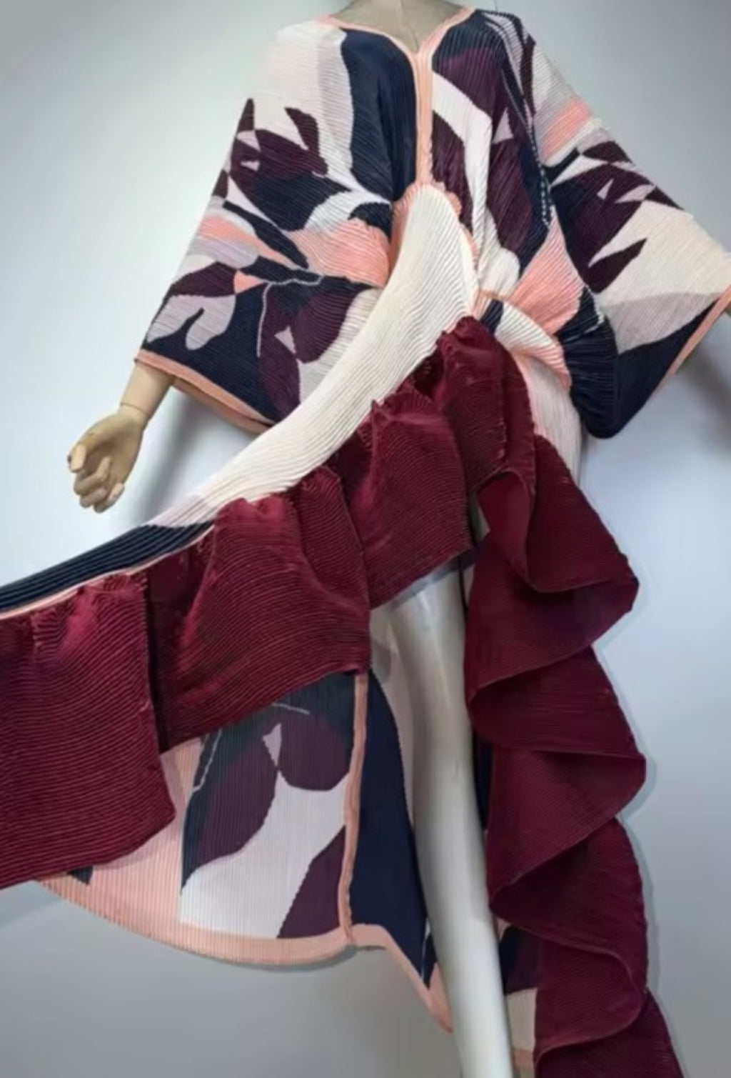 Burgundy Abstract Pleated Ruffle Maxi Dress/Top