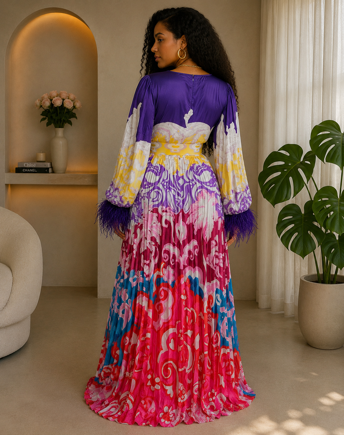 010925 Purple Print Feathers Long Sleeve Maxi Dress