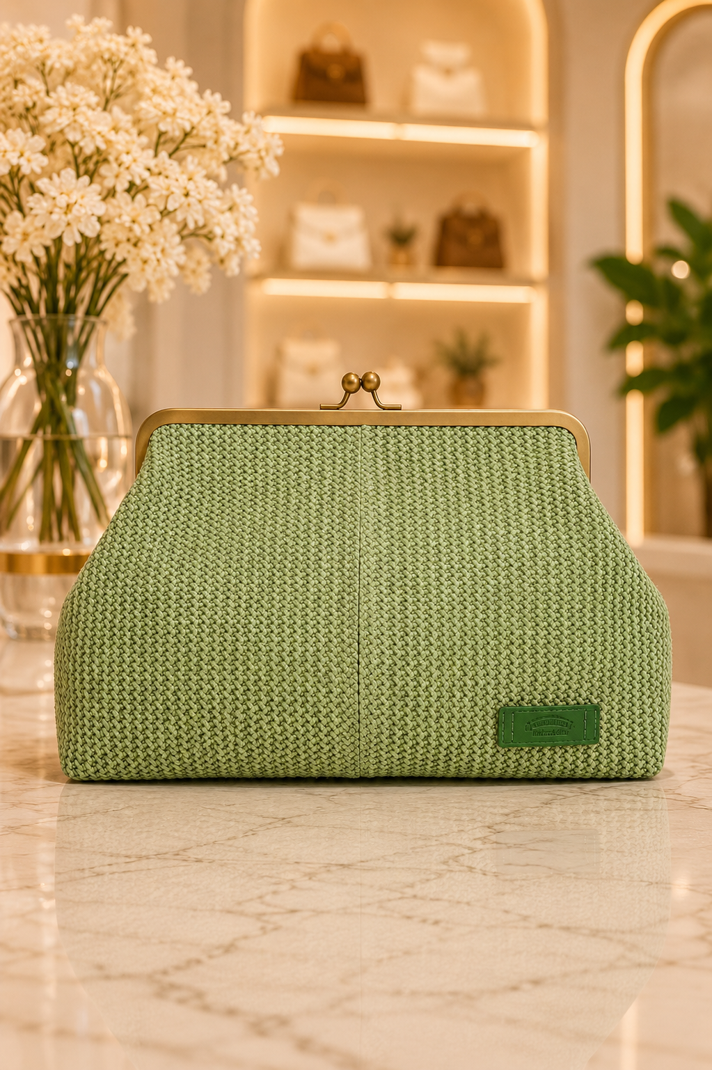 Grace Raffia Oversized Kiss Lock Clutch -  Clover Green