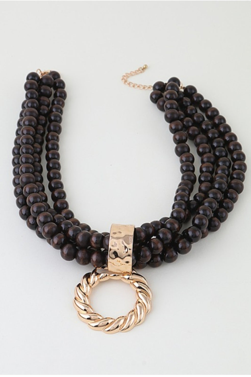 Multi-Strand Wooden Bead Gold Twist Loop Pendant Necklace