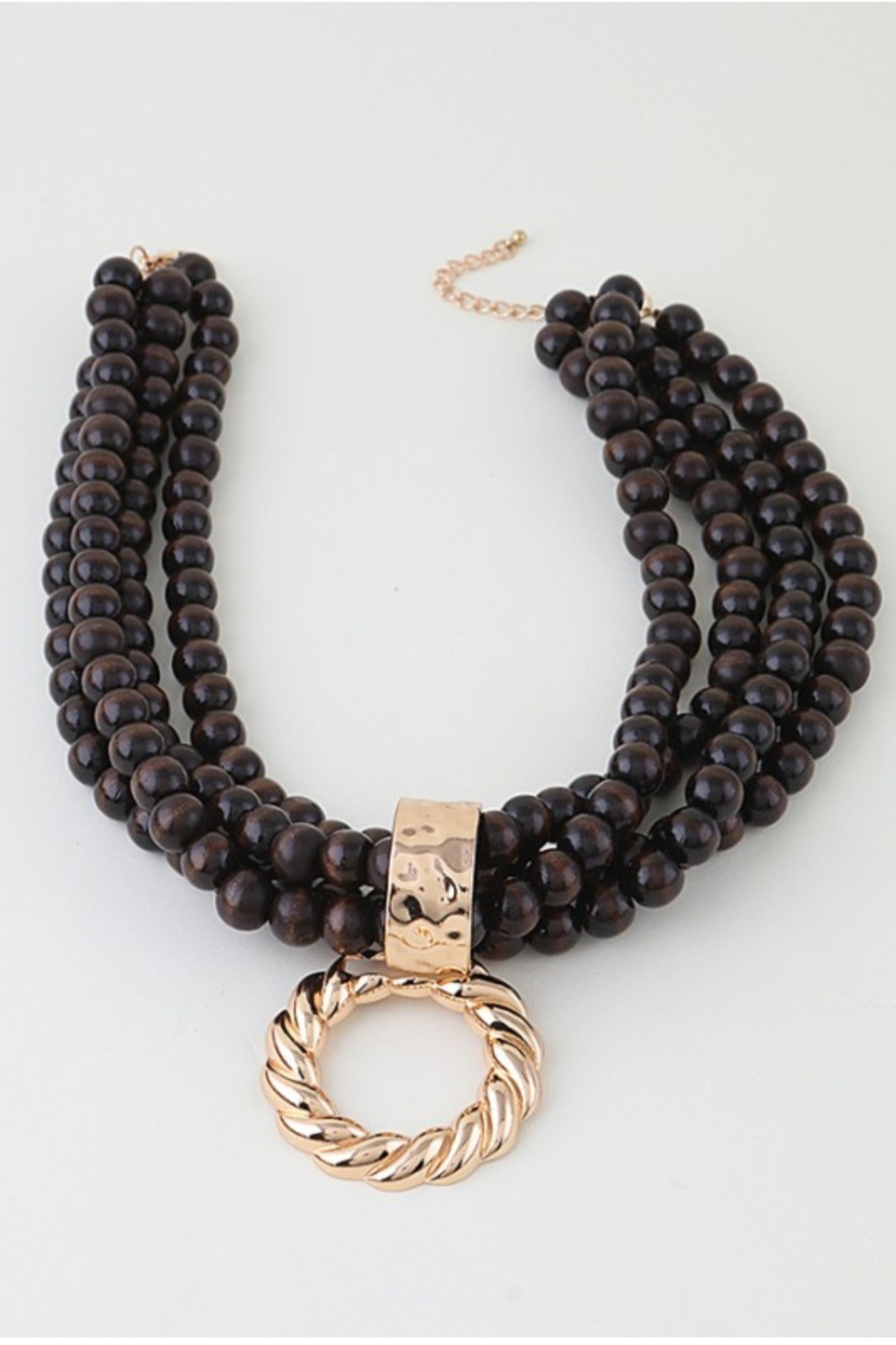 Multi-Strand Wooden Bead Gold Twist Loop Pendant Necklace