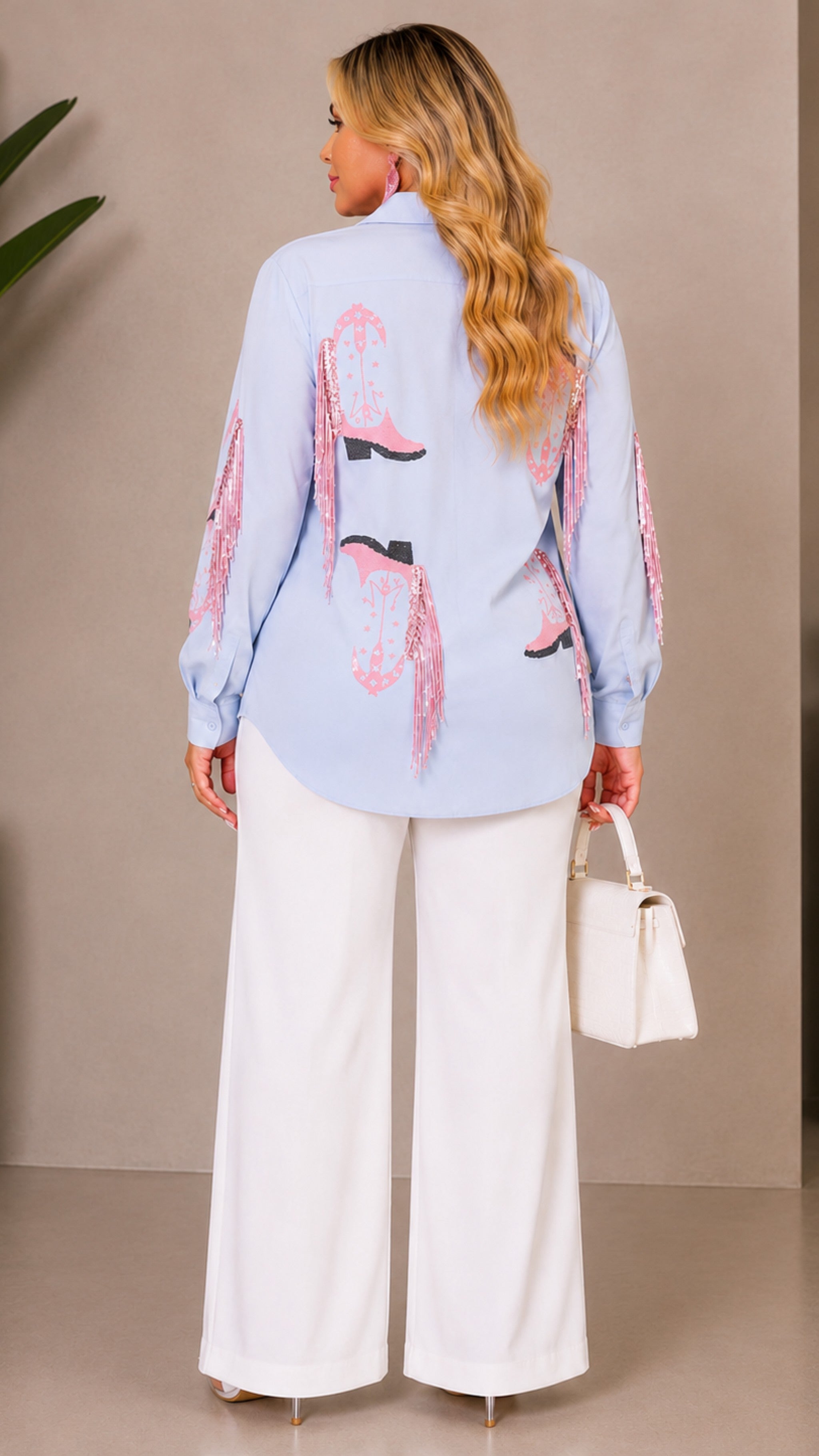 Light Blue  Fringe Plus Size Long Sleeve Sleeve Button Down Sequins Top