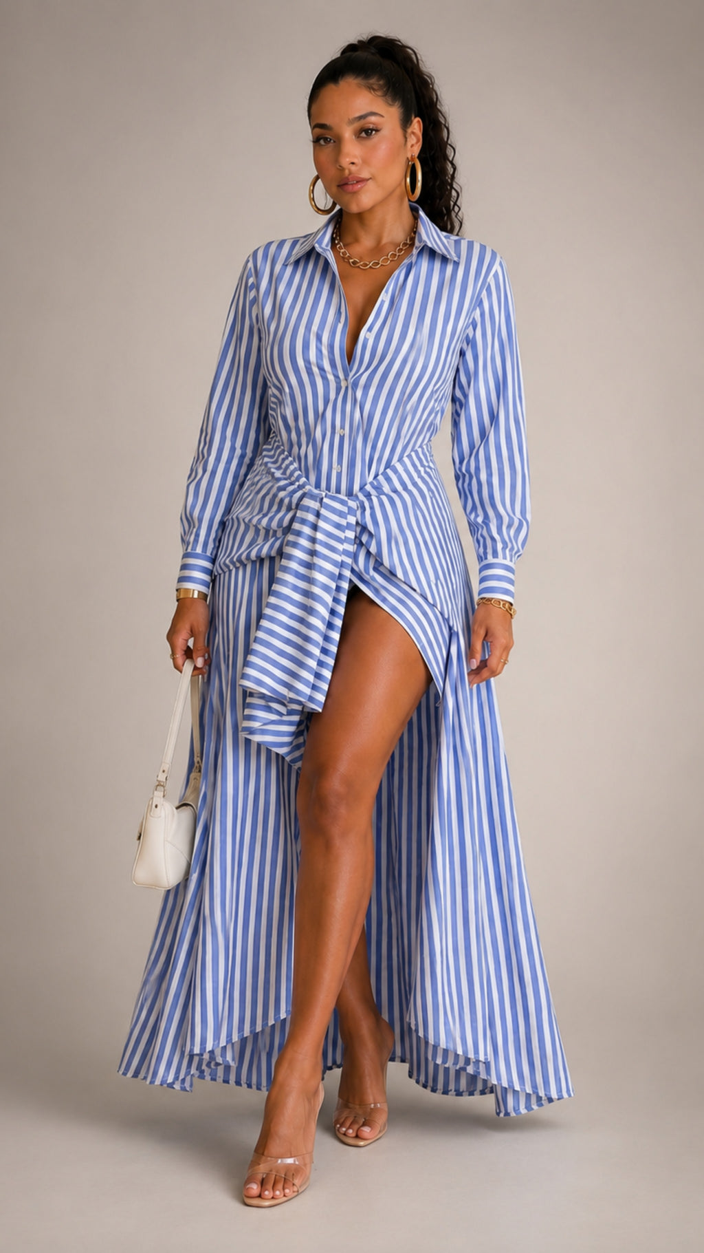 Riviera Striped Woven Shirt Tie Waist Maxi Dress