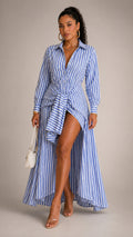 Riviera Striped Woven Shirt Tie Waist Maxi Dress