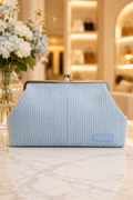 Grace Raffia Oversized Kiss Lock Clutch- Blue Aura Raffia