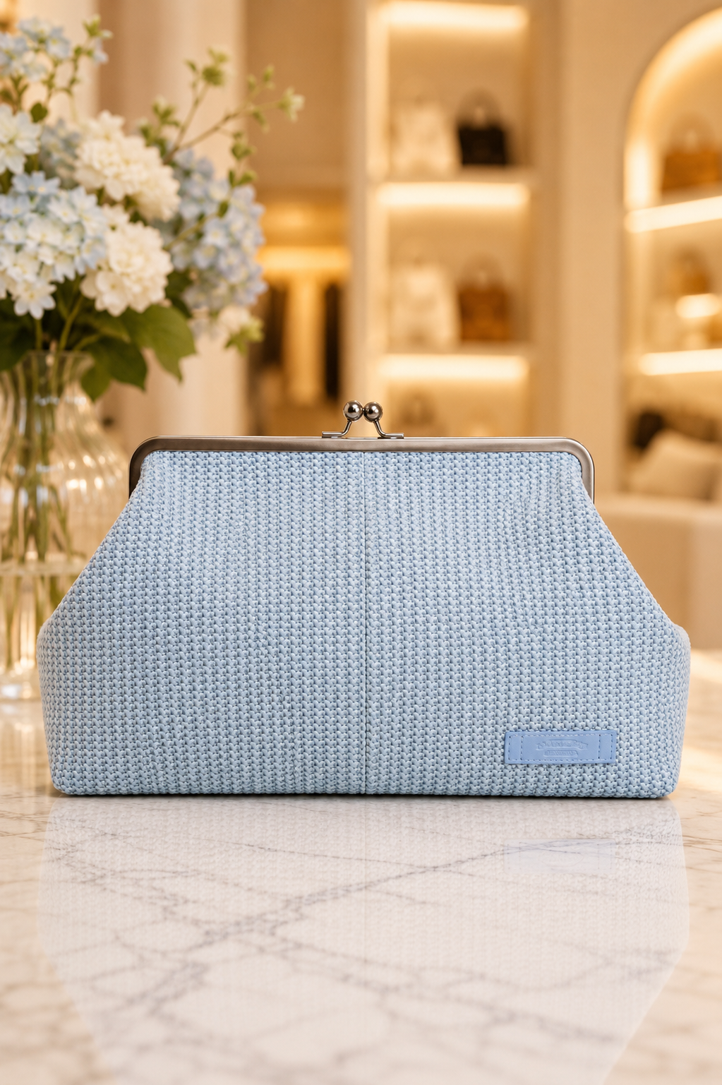 Grace Raffia Oversized Kiss Lock Clutch- Blue Aura Raffia