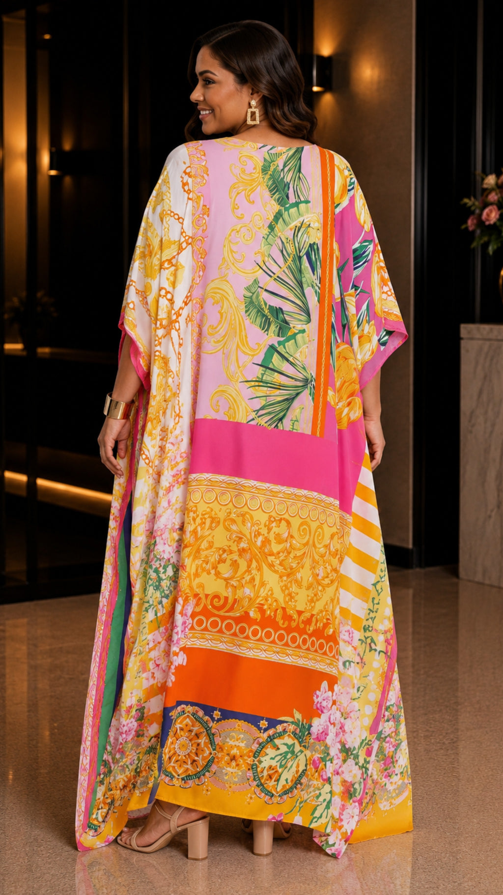 The Yellow Florals Kaftan Dress Lounge Wear One Size fit All S to 3XL