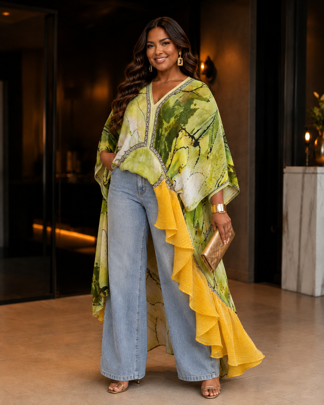 Lime Abstract Pleated Cascade-Ruffle Maxi Dress/Top